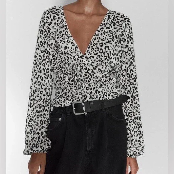 Zara Black and White Animal Print Blouse - Picture 2 of 5